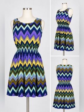 Sleeveless Chevron Mini Dress in Purple, Aqua & Yellow